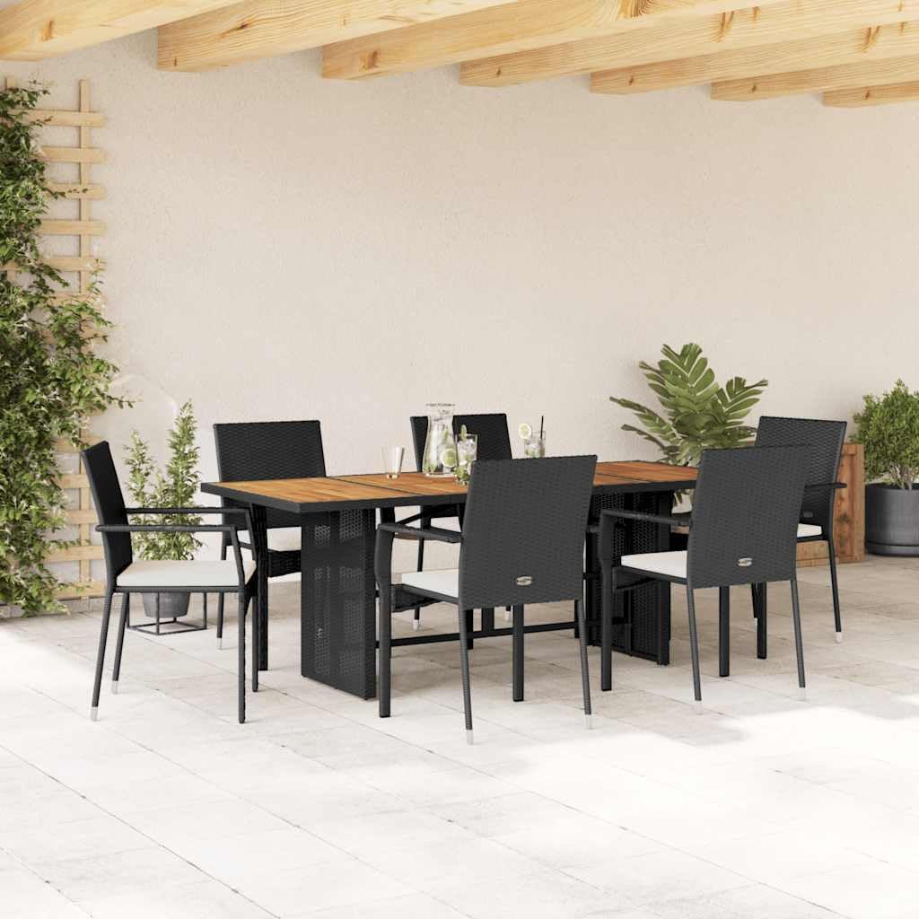 7 Piece Patio Dining Set with Cushions Black Poly Rattan Garden Furniture