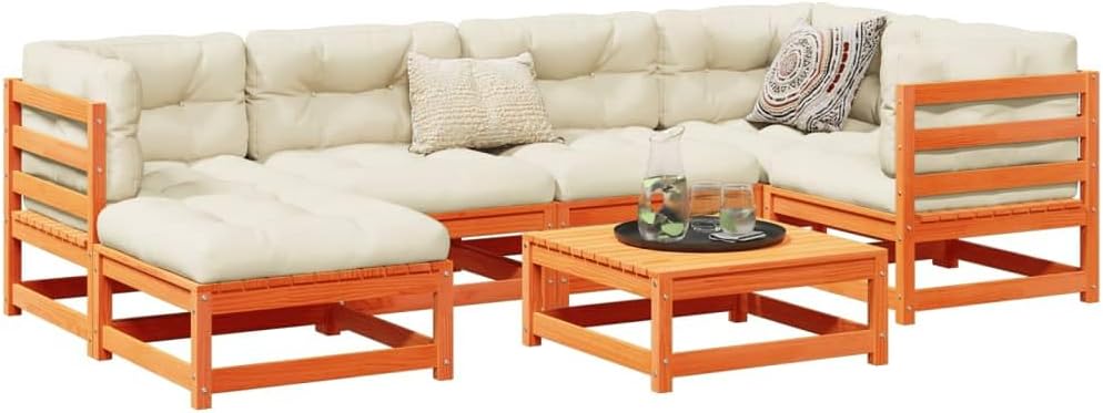 Large Modular Garden Sofa Set, Waxed Brown Solid Pine Wood Outdoor Furniture, Comfortable Seating for 7 People, Ideal for Patio Balcony Terrace Use