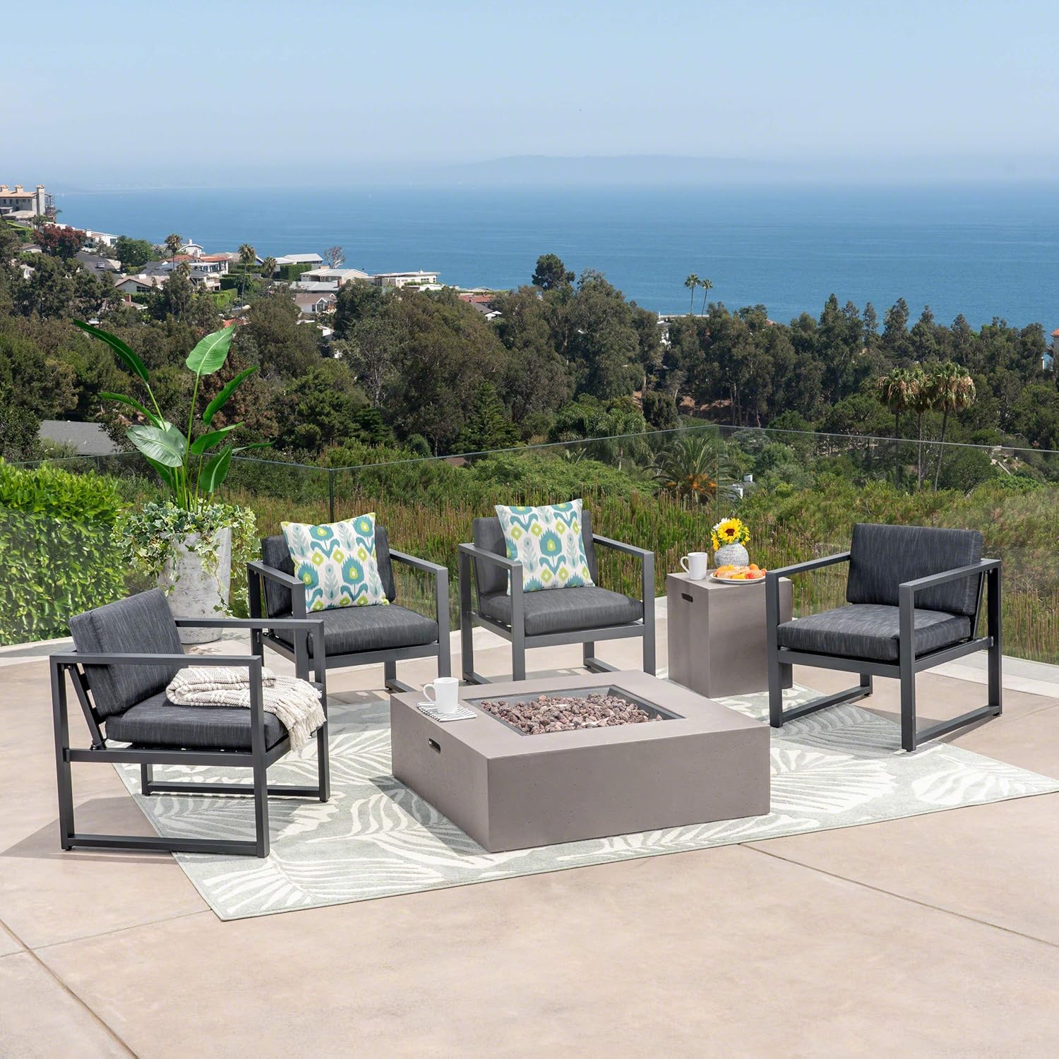 GDFStudio Outdoor 4-Seater Aluminum Chat Set with Fire Pit, Black and Dark Gray and Light Gray