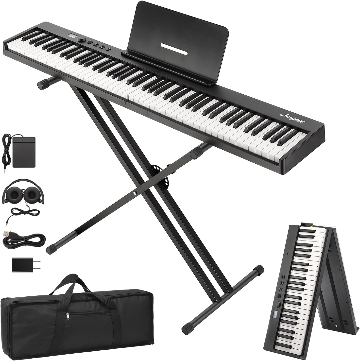 Foldable Piano Keyboard, 88 Key Portable Digital Piano with Semi-Weighted Keys, Stand, Sustain Pedal, Headphones & Case, Bluetooth MIDI for Beginners