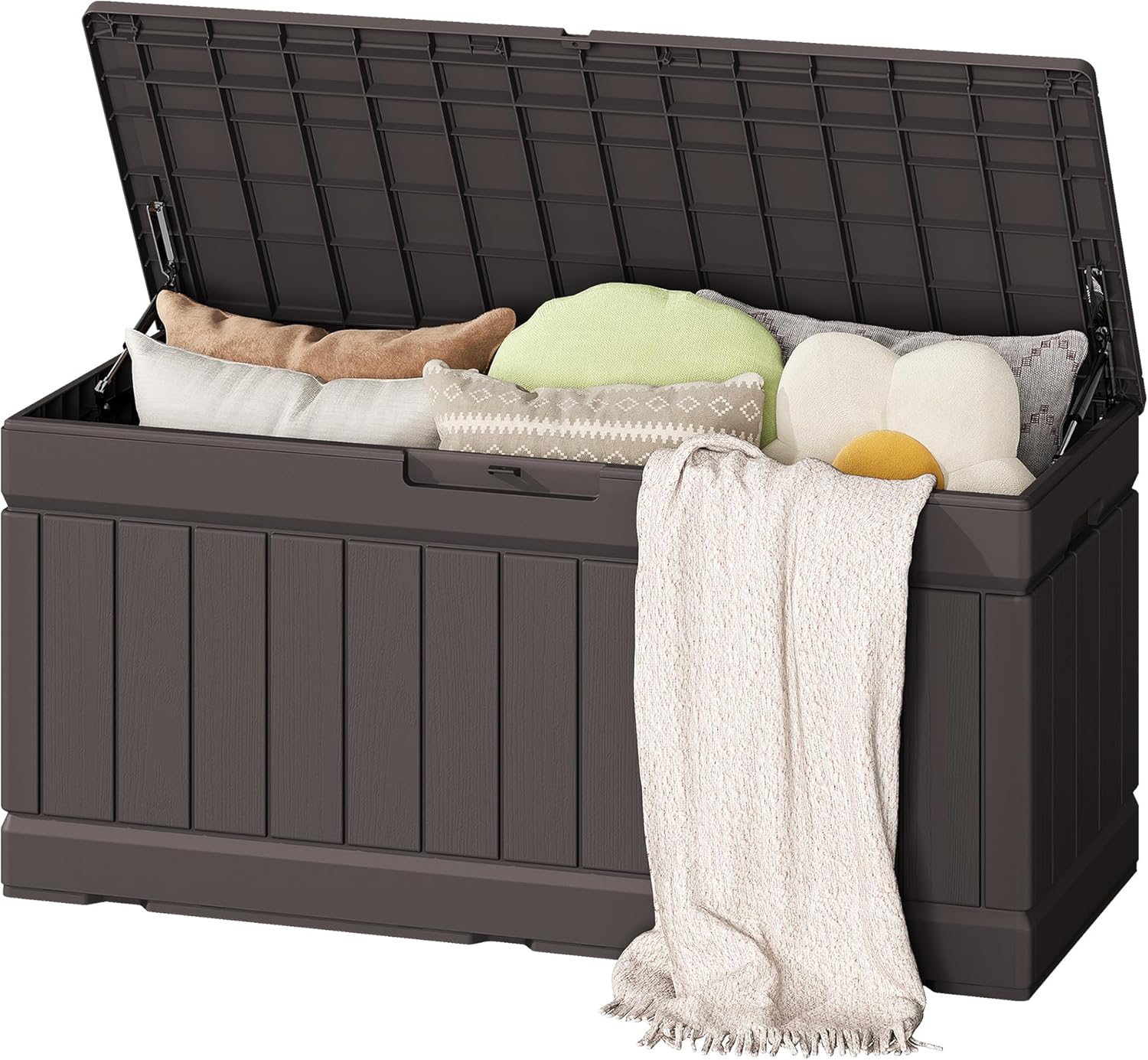 Flamaker Outdoor Storage Box 80 Gallon Resin Waterproof Deck Box Delivery Box with Wood Texture Large Storage Bin for Patio Cushions (Brown)