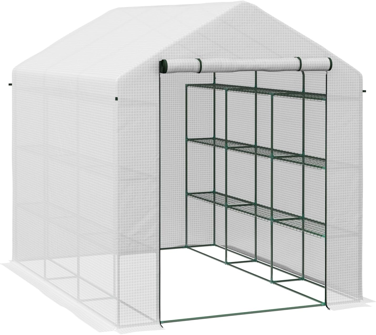Walk-in Greenhouse, Outdoor Garden Plant Nursery with Roll-Up Door, 18 Shelves