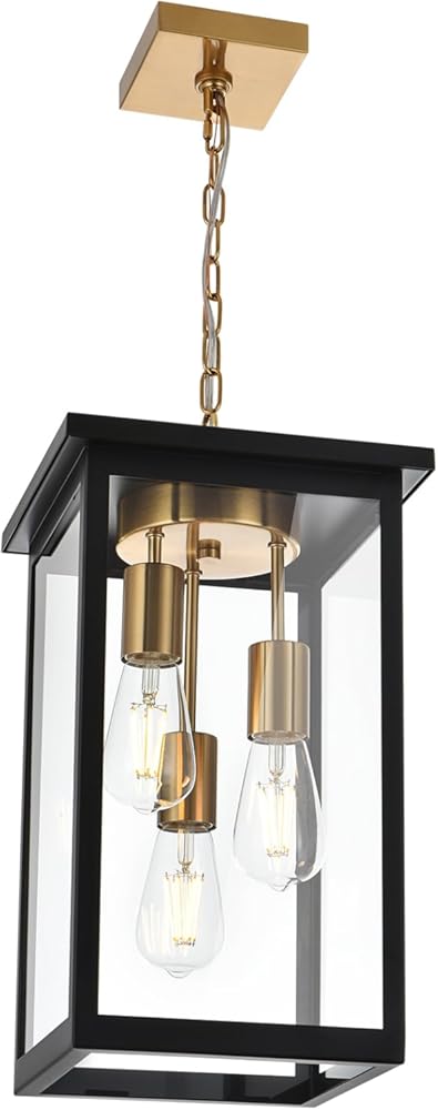 TODOLUZ Outdoor Pendant Light Fixtures, 3-Lights Exterior Hanging Lantern, Black Large Outdoor Hanging Porch Light with Clear Glass Shade
