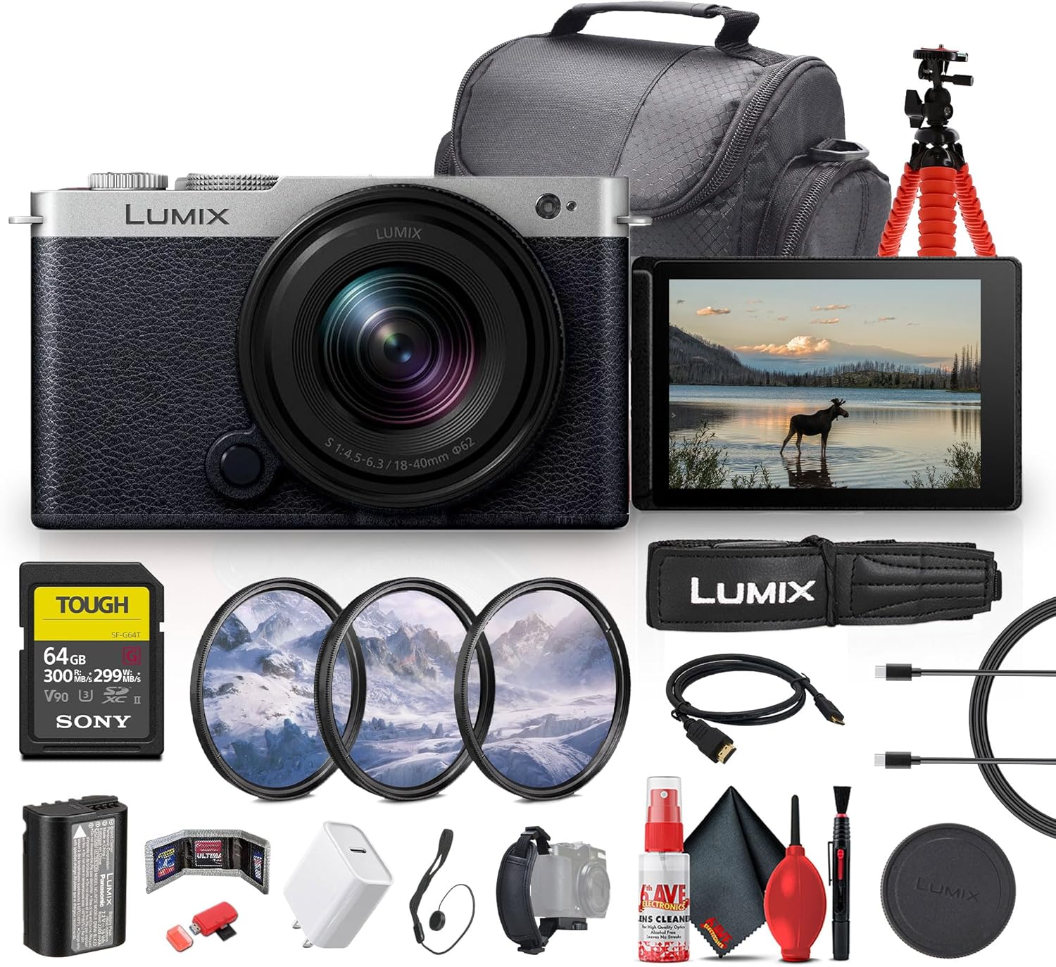 Panasonic Lumix S9 Full Frame Mirrorless Camera with 18-40mm f/4.5-6.3 Lens, Compact, Lightweight (Silver) (DC-S9NK) + 64GB Memory Card + Camera Bag + Lens Filter Kit + Flexible Tripod + More