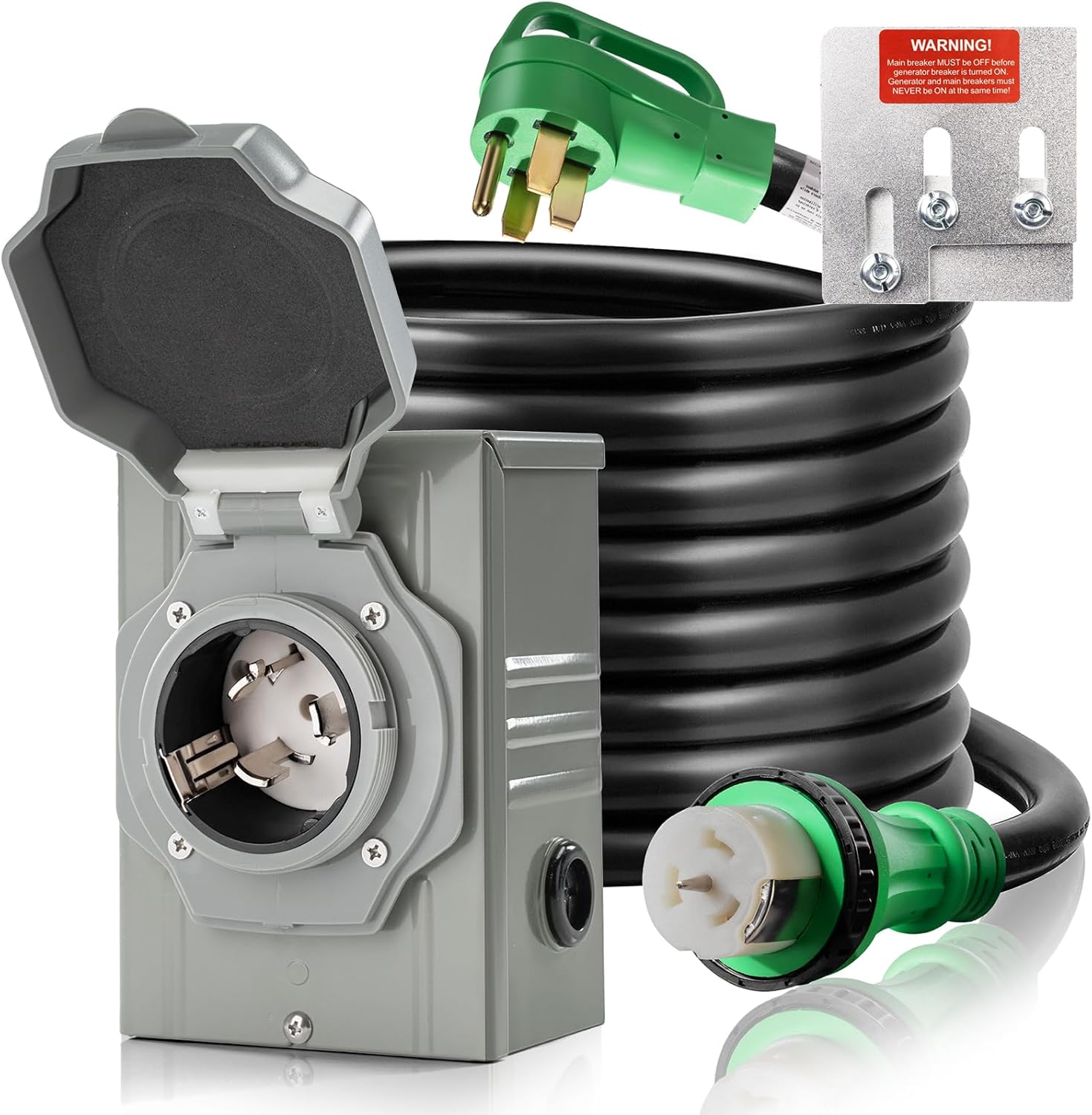 50 Amp Generator Power Inlet Box & Interlock Kit, 50FT 125V/250V Heavy Duty STW Cord, NEMA 14-50P/SS2-50R RV Power Cord ETL Listed, Black & Green, HTCD-22