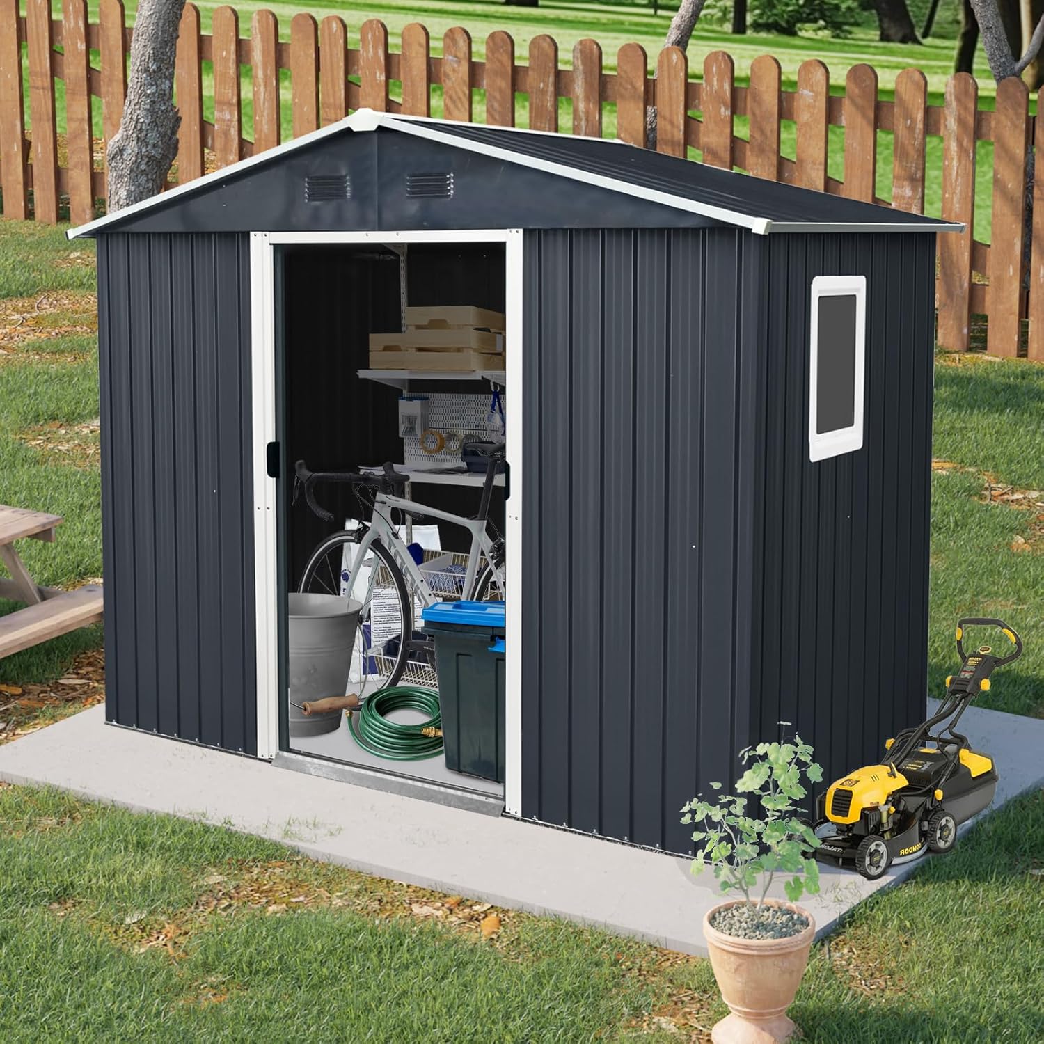8ft x 4ft Outdoor Metal Storage Shed with Window & Foundation, Waterproof Steel Garden Shed with Sliding Doors, Lock, Ventilation, Tool Hooks & Shelf, Backyard, Patio, Lawn (Black White)