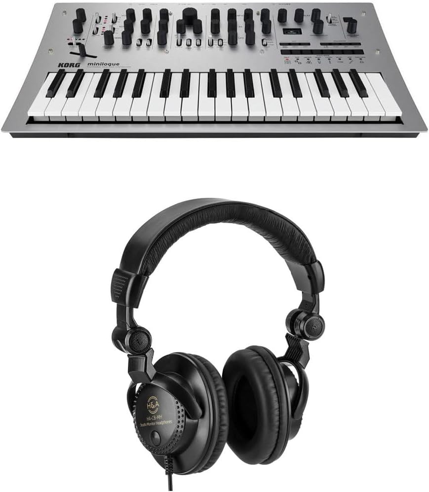 Korg Minilogue 4 Voice Polyphonic Analog Synthesizer with 200 Presets with H&A Closed-Back Studio Monitor Headphones