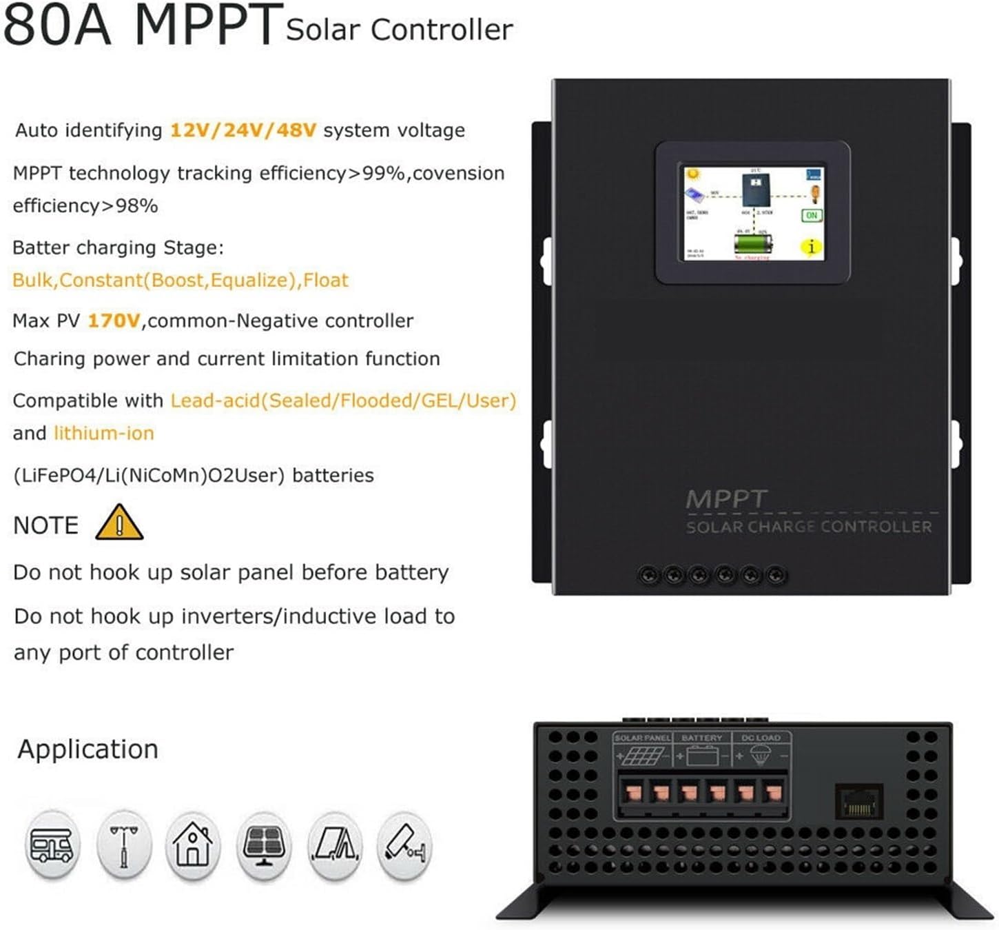 Solar Charge Controller, MPPT Solar Charge Controller 80A 12V/24V/48V Battery Charger Regulator Off Grid DC Generator Solar System Manual(12V)