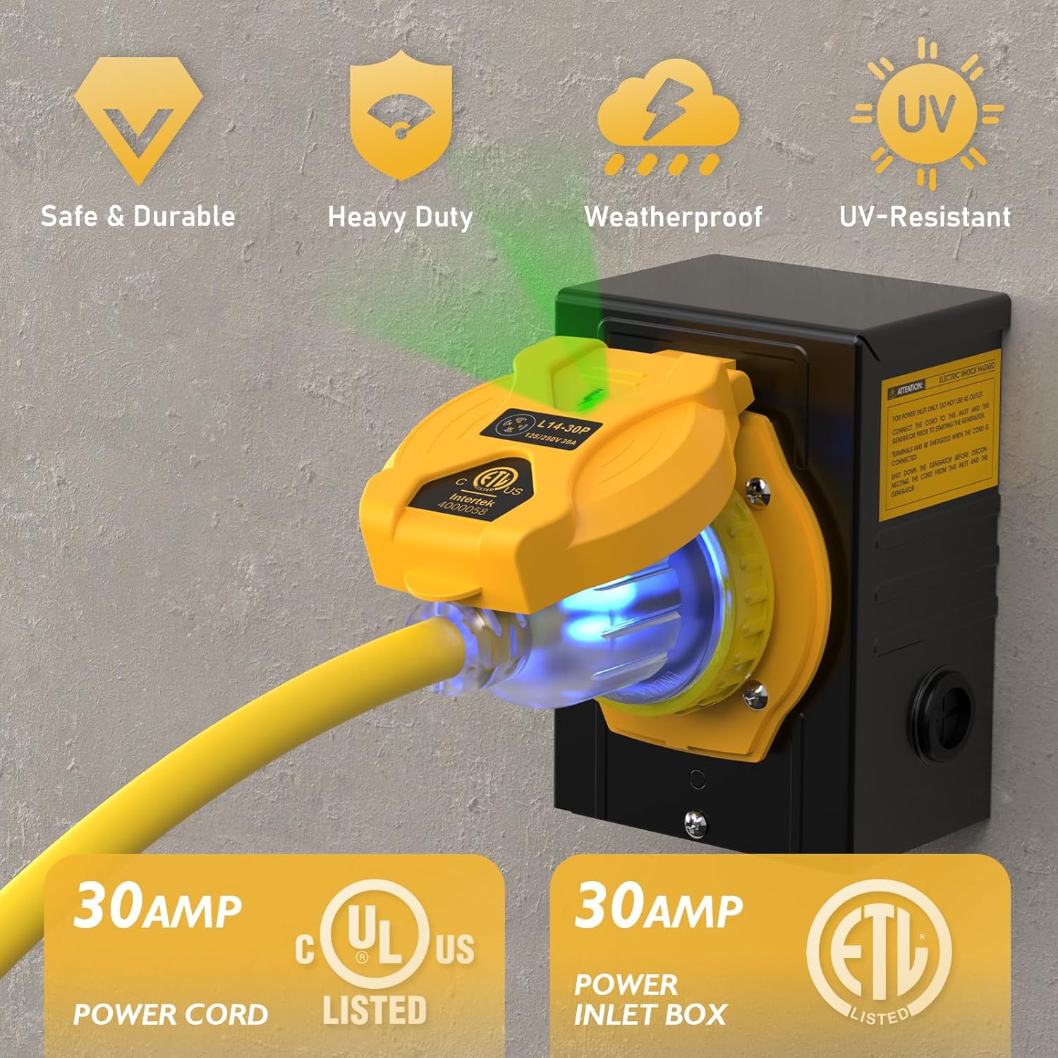 TOOLIOM 4 Prong 30 Amp Generator Cord 25FT and 30 Amp Power Inlet Box, Heavy Duty NEMA L14-30P to L14-30R Generator Extension Cord, 125/250V Up to 7500W 10 Gauge SJTW Generator Power Cord