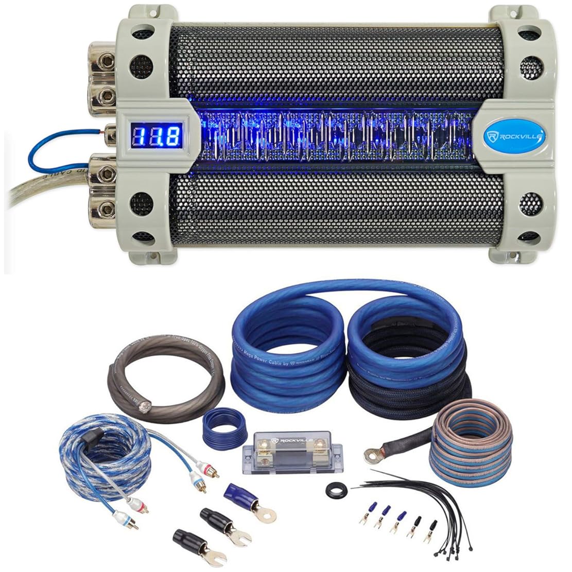 Rockville RFC30F Bundle: 30 Farad car Audio Power Capacitor with Blue Voltage Display, RWK0CU 0 Gauge OFC Amplifier Wiring Installation kit with ANL Fuse Holder, 2-Items