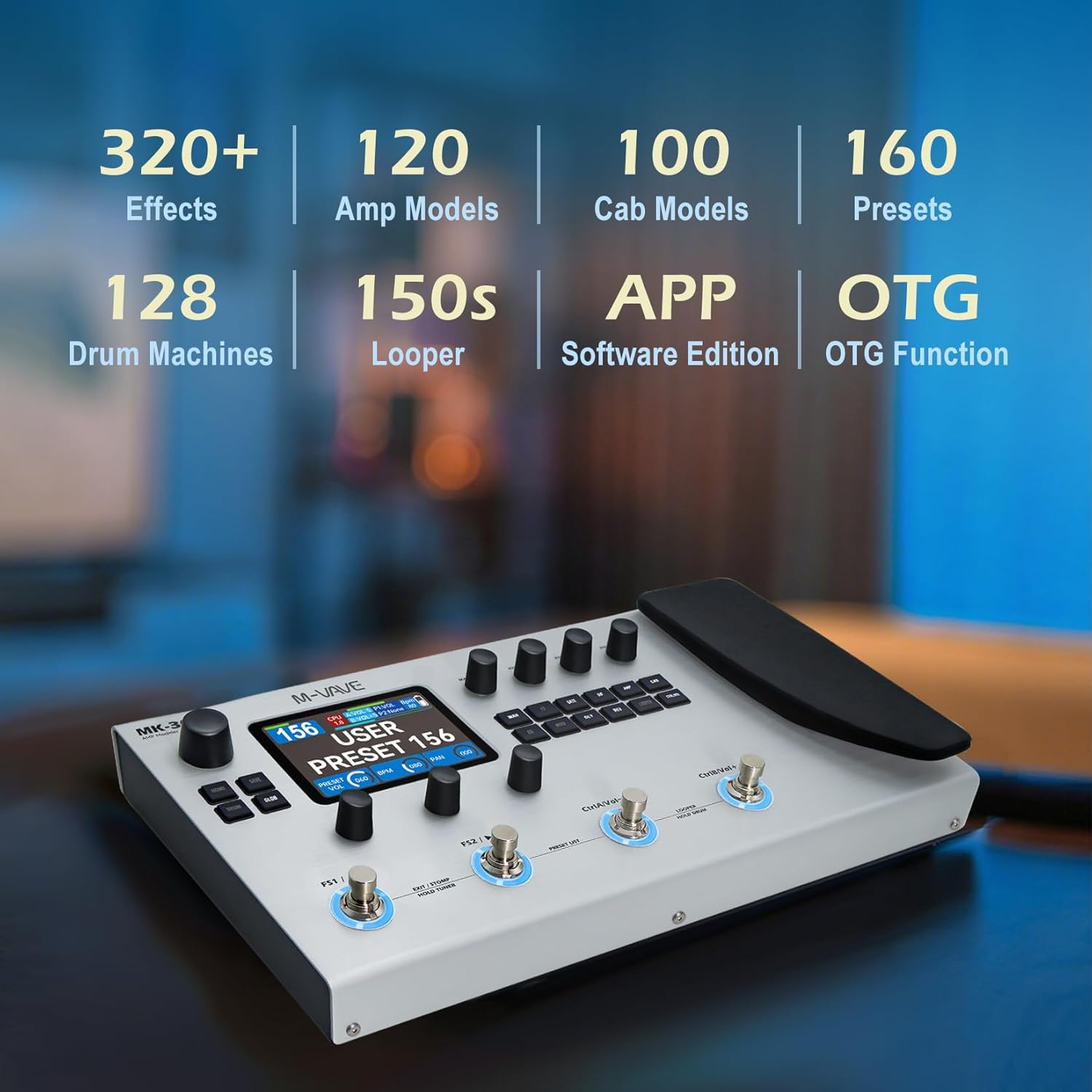 M-VAVE MK-300 Guitar Bass AMP Modeler & Effects Processor with 320+ Effects, 160 Presets, Looper, Drum Machine, USB/BT 10H Battery for Live/Recording