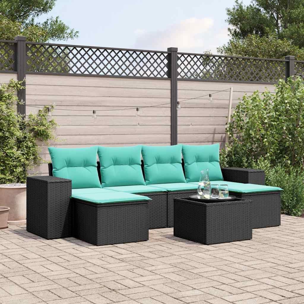7 Piece Garden Sofa Set with Cushions, Black Poly Rattan Outdoor Furniture, Modular Patio Table and Chairs Set for Backyard Terrace