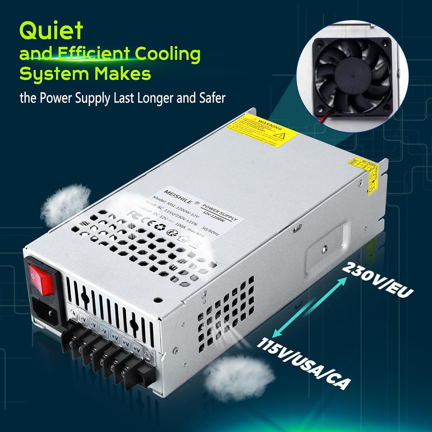 MEISHILE 12V 100A 1200W Switching Power Supply Adapter AC to DC Transformer Converter for LED Driver Strip Light Lamp, Amplifier, Machine, 120V 110V to 12Volt 20A 40A 60A 80A