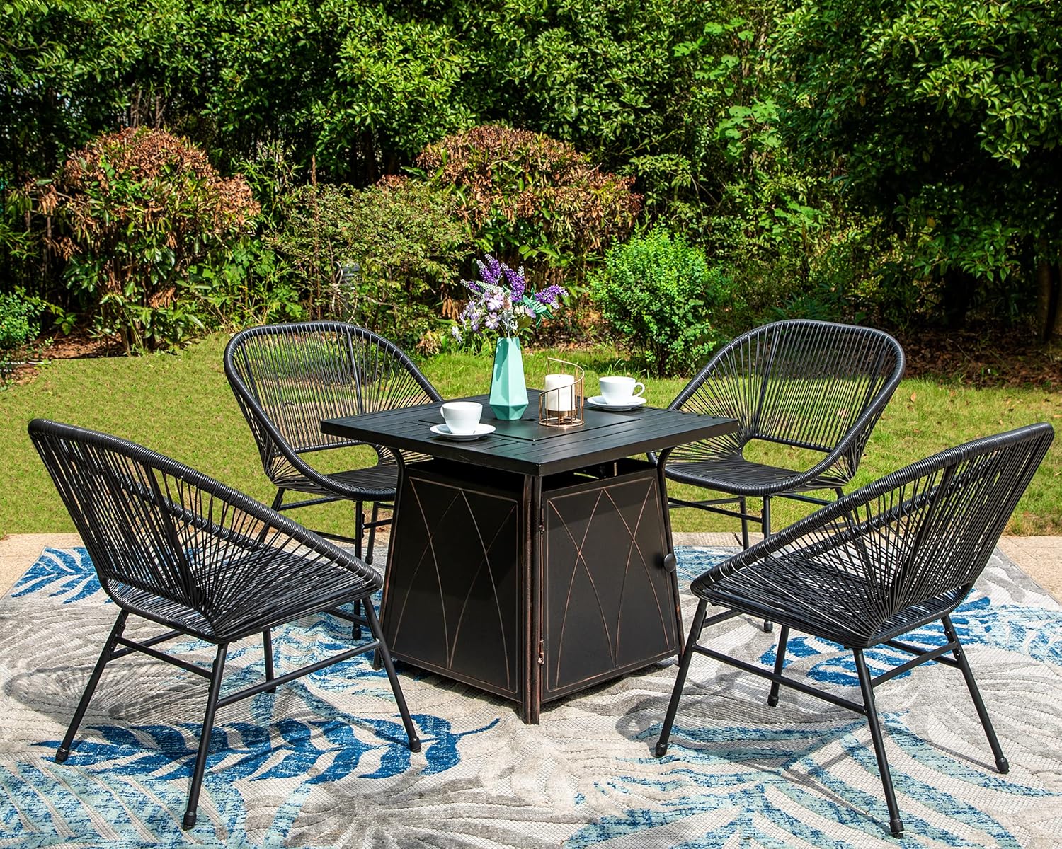 HERA'S HOUSE 5 Pieces Patio Fire Table Set, 4 Rattan Patio Chairs with 25