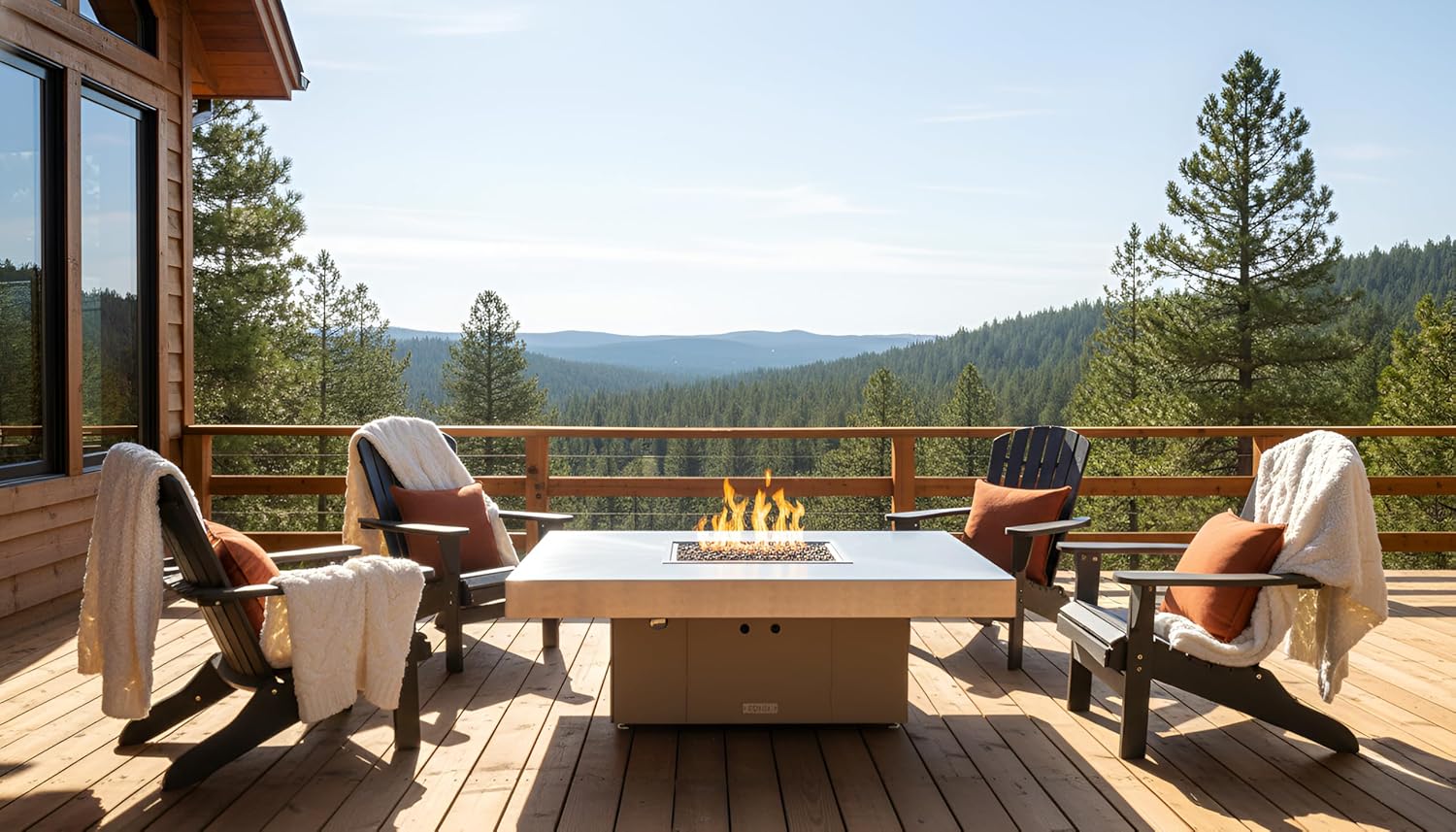 COOKE Santa Barbara Rectangular Fire Pit Table - 48 x 36 - Natural Gas - Brushed Aluminum Top -Beige Powdercoat Base