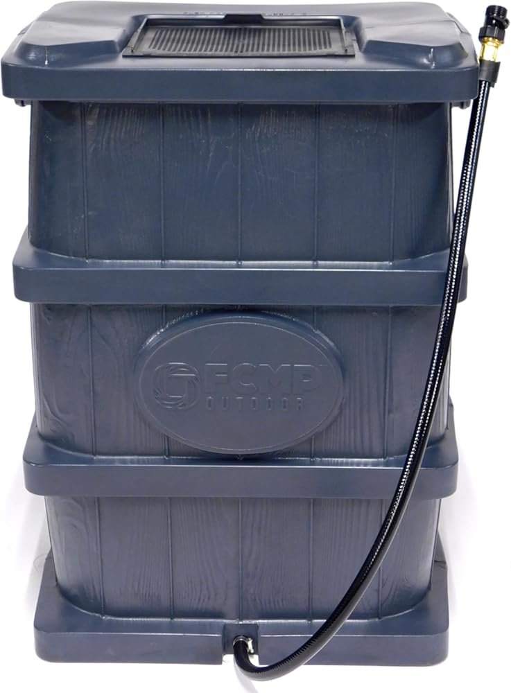 FCMP Outdoor Slim Line Design 45-Gallon Wood Grain Outdoor Home Rain Water Catcher Barrel Flat Back Container with Spigots and Mesh Screen, Grey