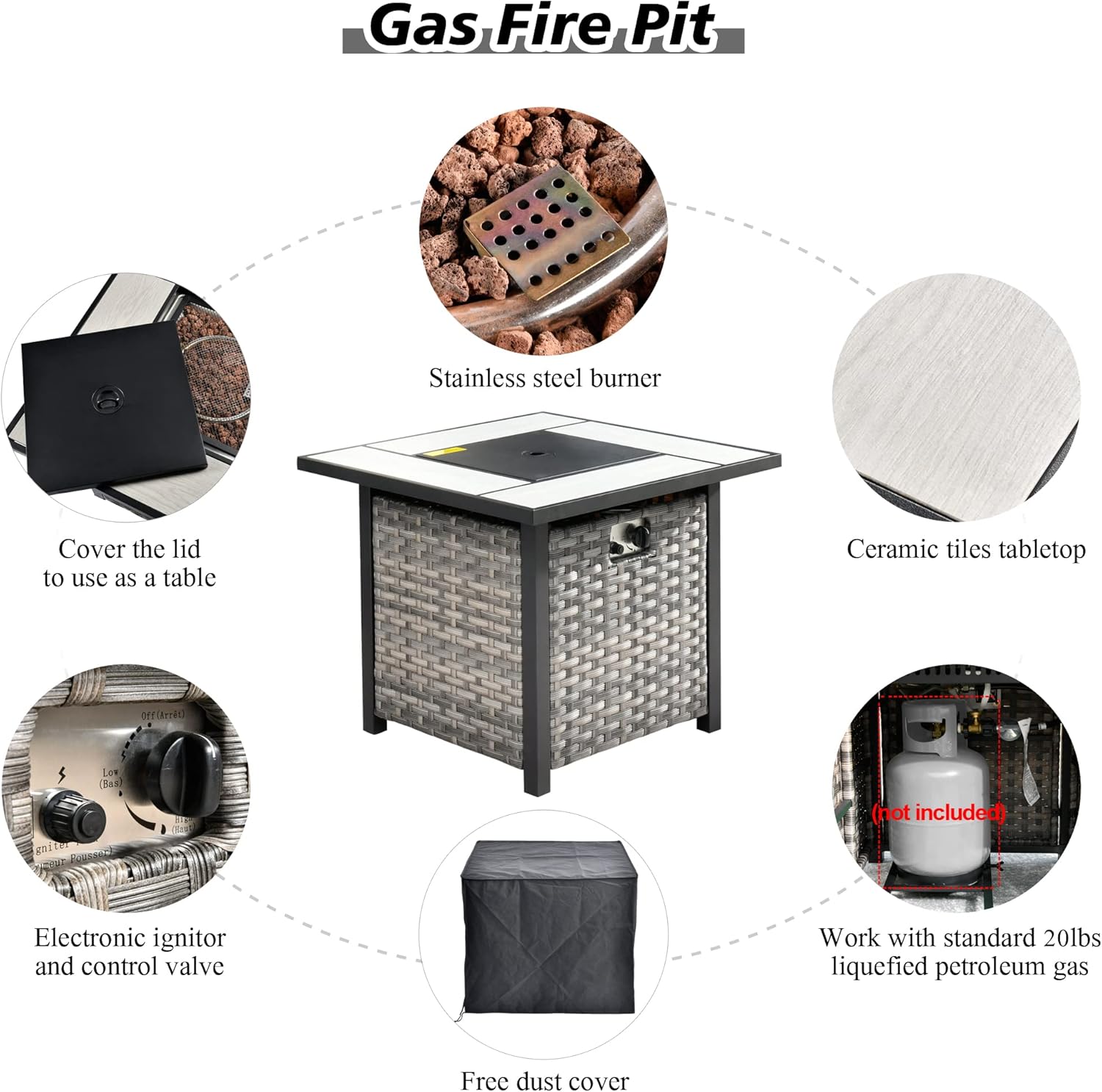 HOOOWOOO Outdoor Patio Sectional Furniture Sofa Set with Propane Gas Fire Pit Table,7 Piece Small Modern Wicker Couch with Widened Armrest,Modular Conversation Seating Set for Out Door(Grey Strips)
