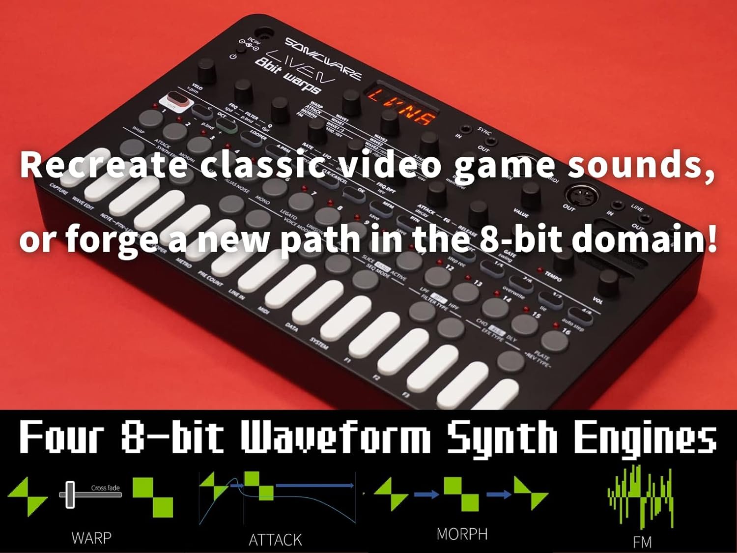 Sonicware Liven 8bit Warps [8-bit Synthesizer with 4-track Looper] – Portable, Battery-Powered & Built-in Speaker for On-the-Go Sound Creation, Covering Chiptune, Game Music, and Ambient Music