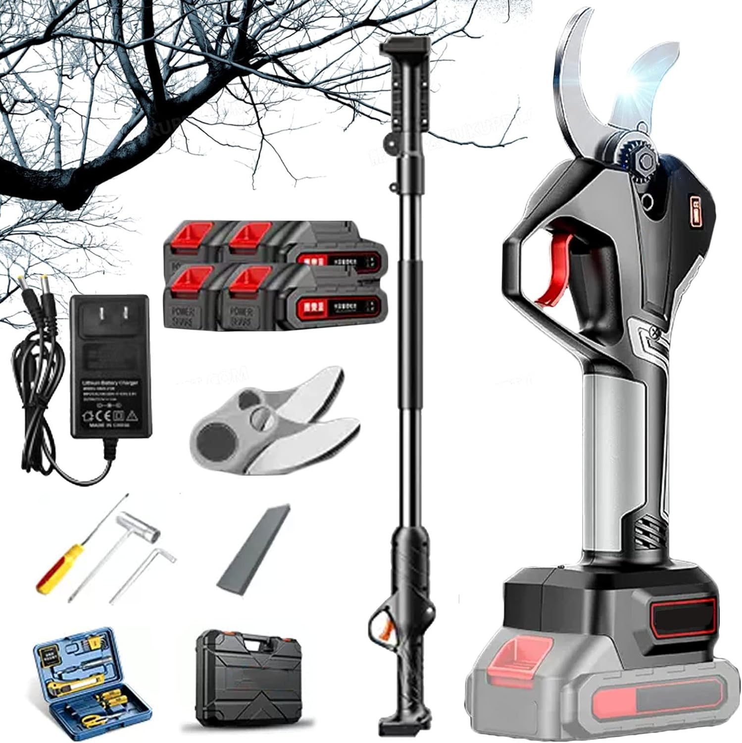 Electric Pruning Shears for Cutting Materials Cordless Telescopic Pruner 50Mm Cutting Diameter, LCD Display Screen Tree Branch Flowering Bushes Electric Pruning Shears Fruit Tree Bushes Trimmer Smal