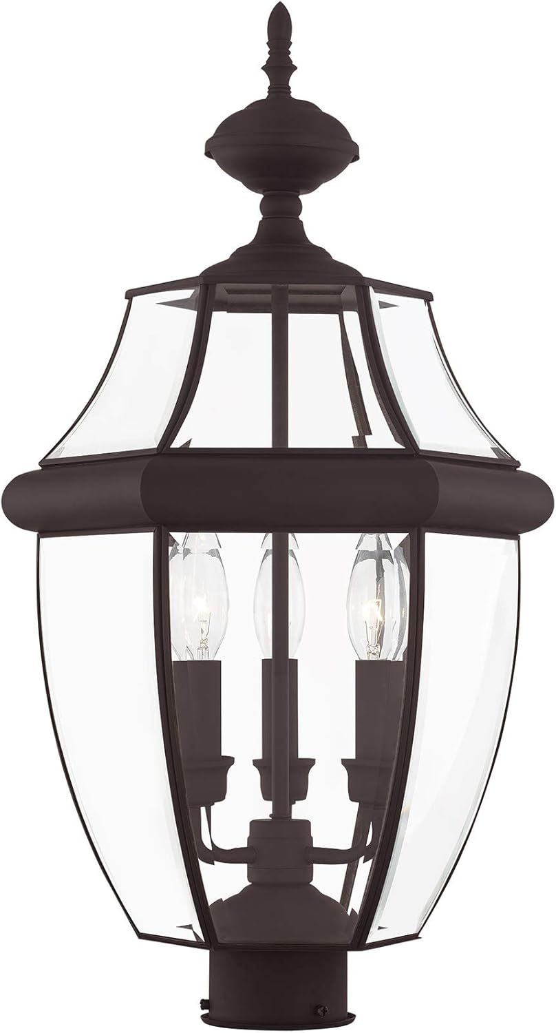 Livex Lighting 2354-07 Monterey 3 Light Outdoor Bronze Finish Solid Brass Post Head with Clear Beveled Glass