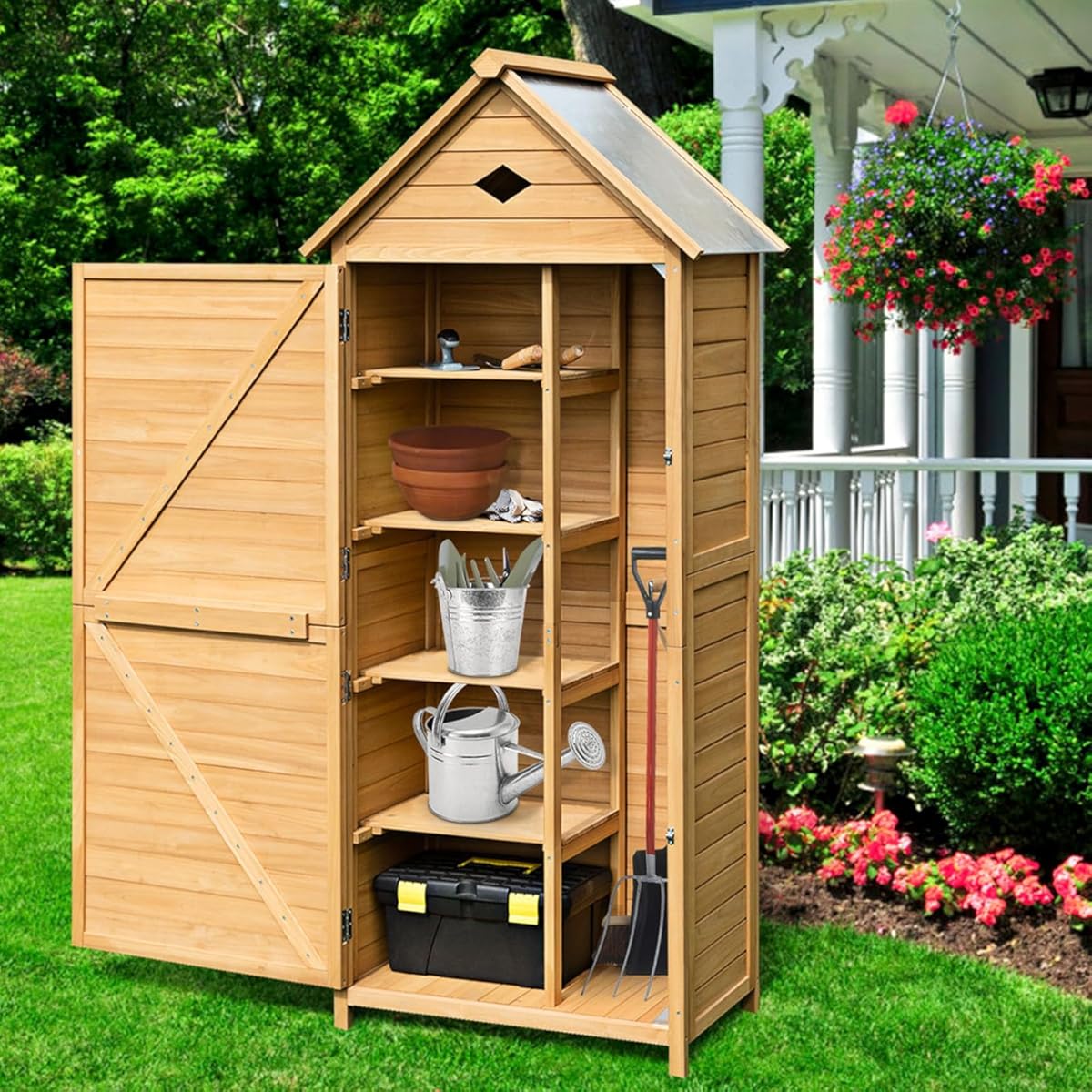 IRONMAX Outdoor Storage Shed, Wooden Tool Storage Cabinet with Shelves & Lock, Weatherproof Pitched Galvanized Roof, 63