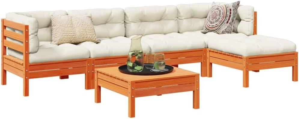 Garden Sofa Set Wax Brown Solid Pine Wood, Oxford Fabric, Large Outdoor Patio Furniture Set, Rustic Design for 6 People, Weather Resistant