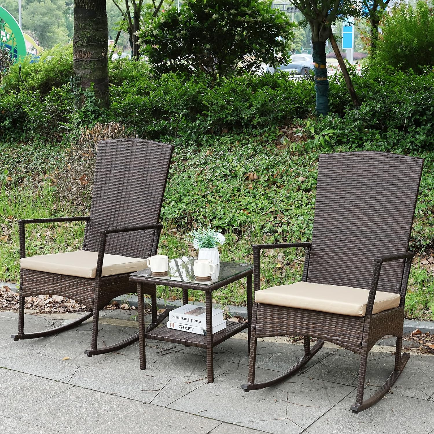 Outdoor Rocking Chair 3 Pieces High-Backed Rocking Chair Patio Rocking Chairs Outdoor Table, Khaki