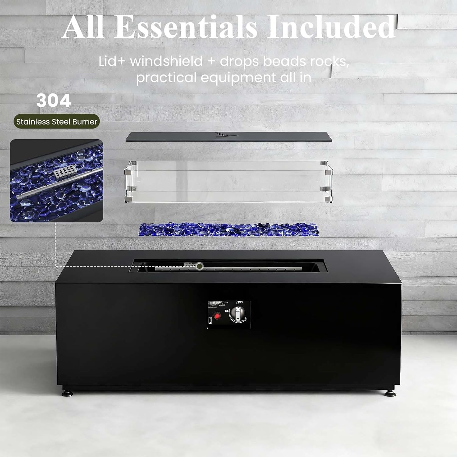 LayinSun 42 Inch Outdoor Fire Pit Table for Outside Patio, 55000BTU Rectangle Propane Firepit with Hidden Fuel Tank, Glass Wind Guard, Waterproof Cover and Lid