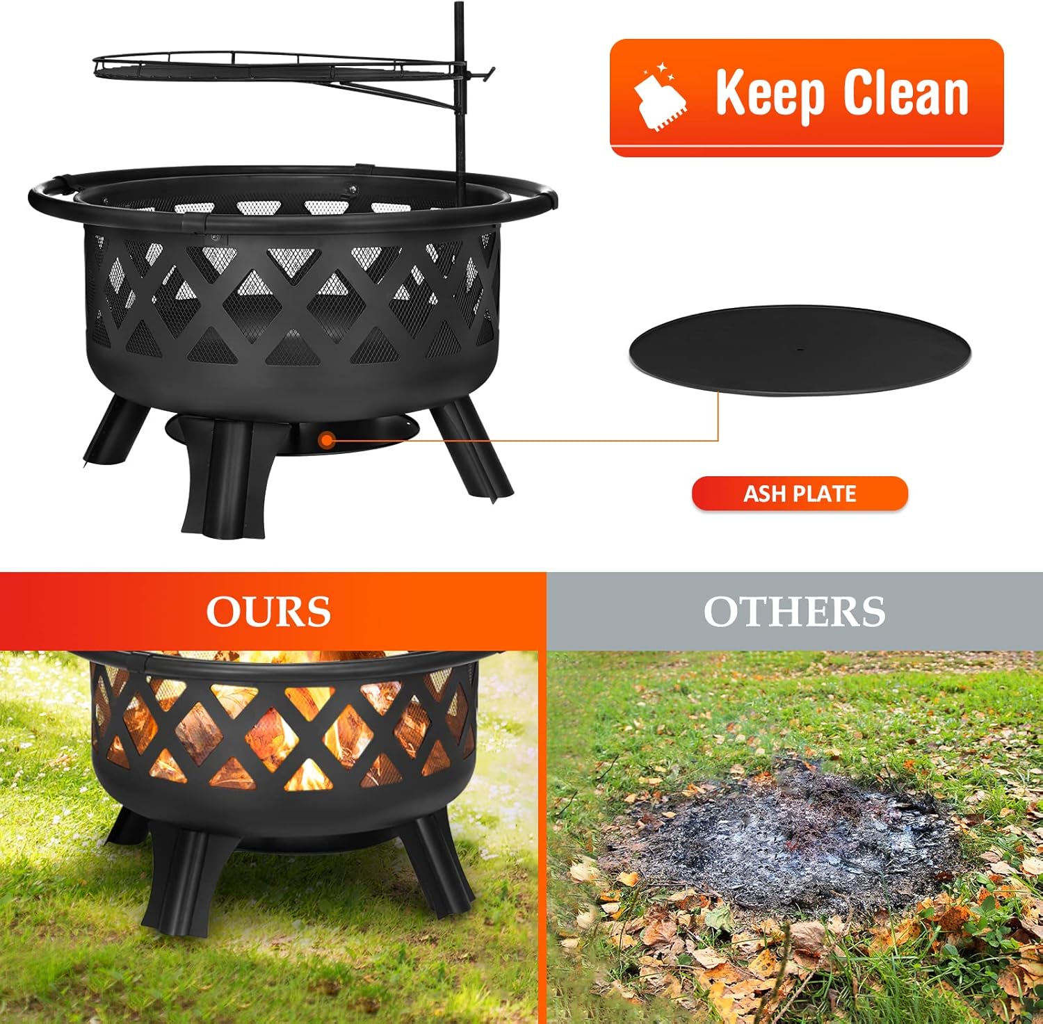 2 in 1 Fire Pit with Cooking Grate 30'' Wood Burning Firepit Outdoor Fire Pits Steel Firepit Bowl Outside with Swivel BBQ Grill, Spark Screen, Poker for Backyard Garden Bonfire Patio