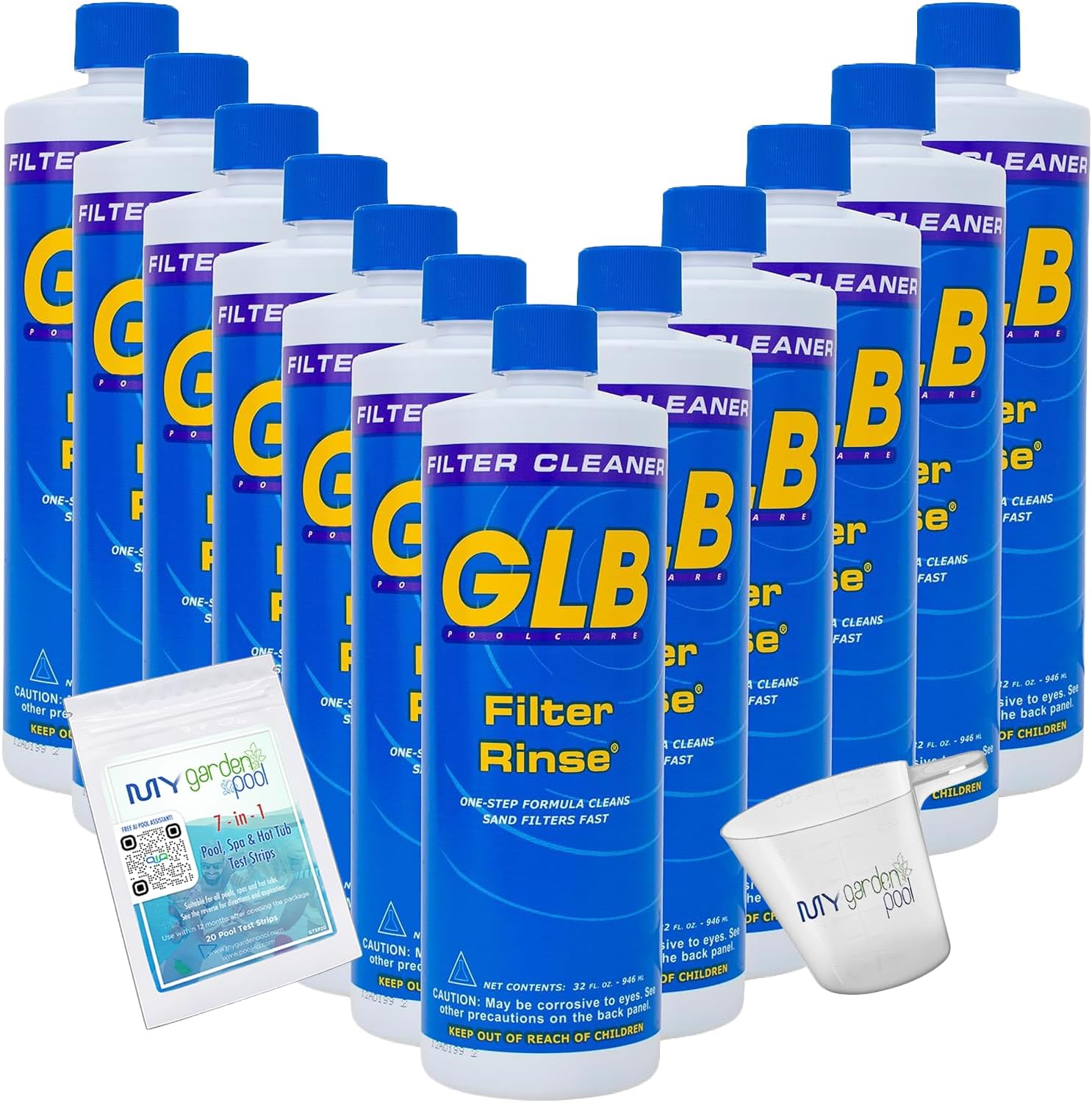 GLB Filter Rinse 32oz (71014A) 12-Pack with My Garden Pool 7-in-1 Test Strips & Measuring Cup – Professional Pool Filter Cleaning Solution