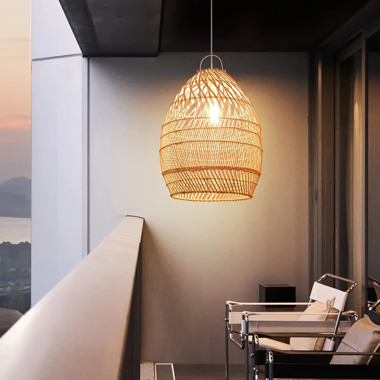 Arturesthome Boho Wicker Chandelier, Rustic Rattan Basket Pendant Light Fixture Coastal Crafts Lampshade, Farmhouse Hanging Lamp Ceiling Lighting for Kitchen Dining Room D 14.56in*18.89in