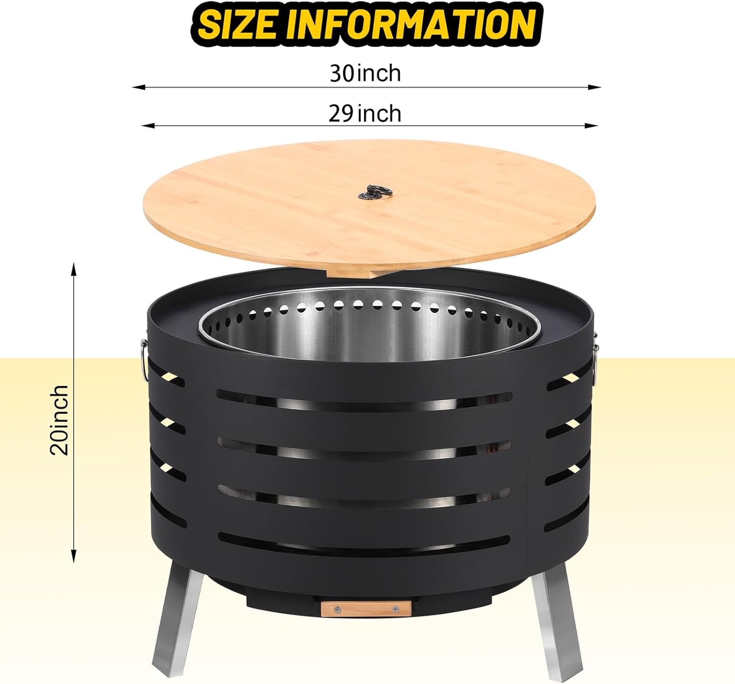30 inch Smokeless Fire Pit Outdoor - Outside Wood Burning with 360° Airflow, Removable Ash Pan & Bamboo Lid Rainproof Cloth - Low Smoke Backyard Fire Pit for Patio, Camping, Bonfire