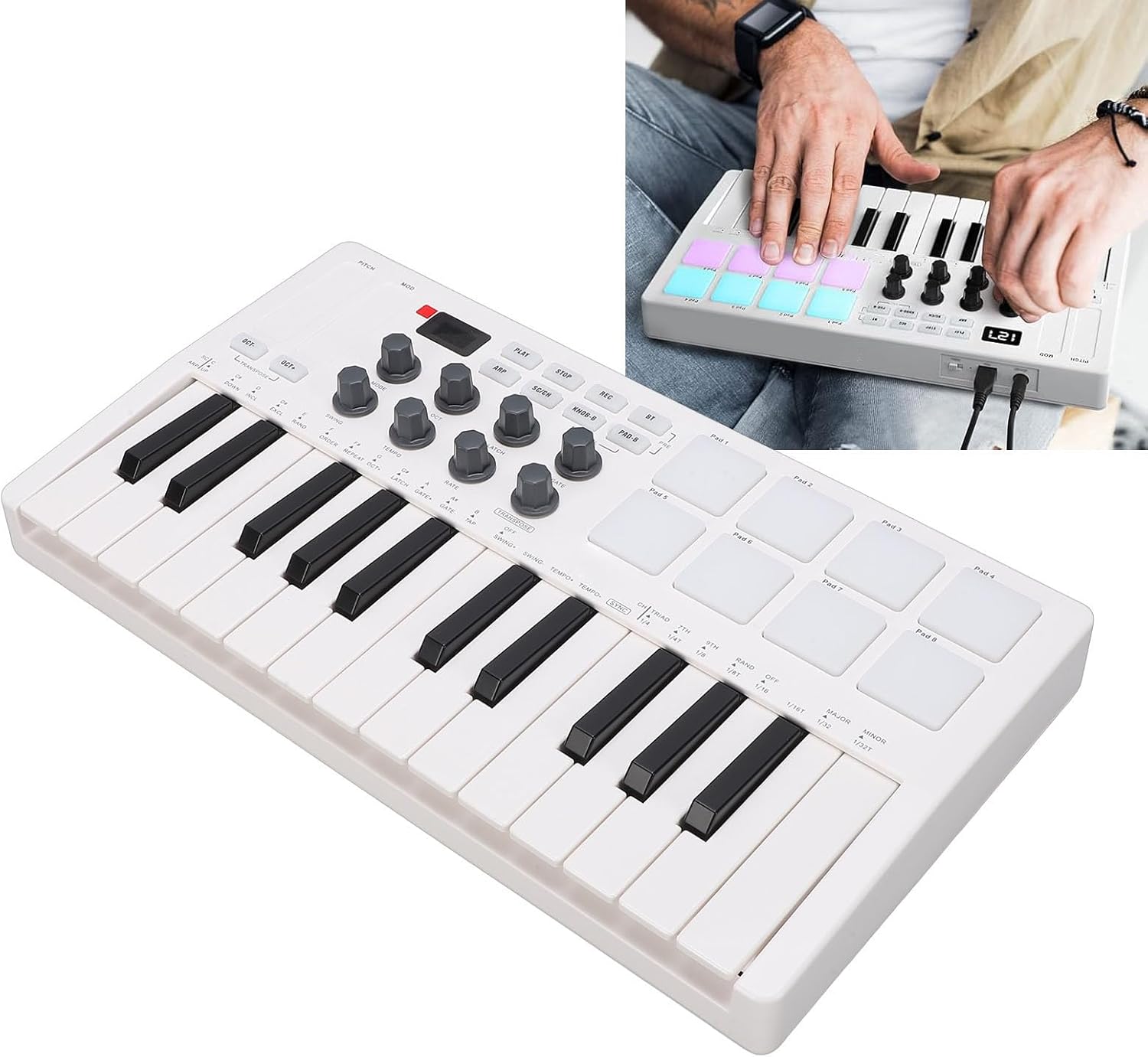 Asixxsix 25 Key Midi Keyboard Controller, with 8 Backlit Drum Pads, 8 Knobs, Portable Beat Maker Machine for Music Production, Velocity Sensitive, LED Display, Arpeggiator