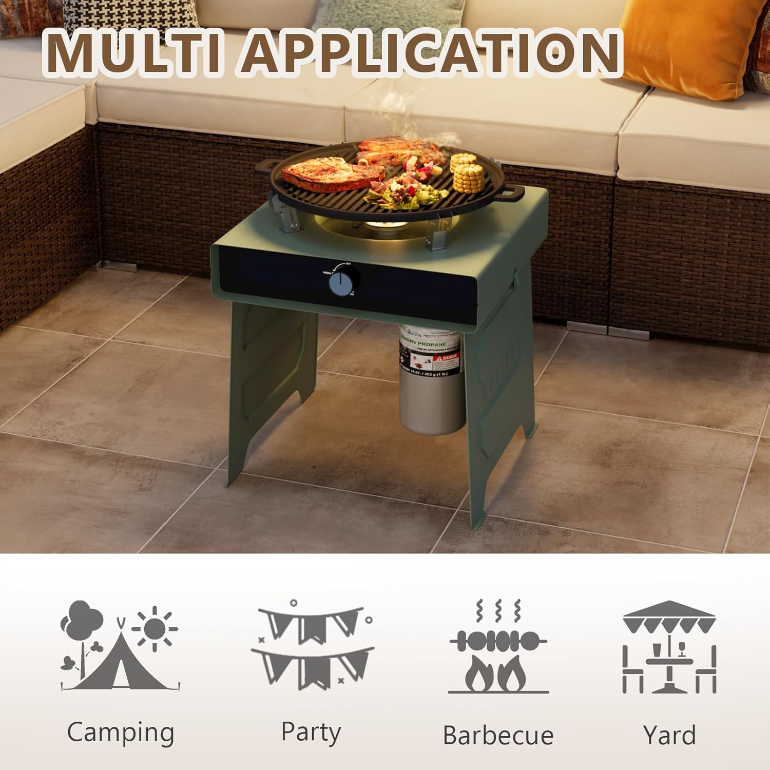 COSIEST 15.7 inch Outdoor Propane Fire Pit, Foldable Smokless Fire Table with Baking Tray, Mini Stainless Seel Iron Fire Pit with Portable Bag, Fire Glass for BBQ, Camping, Party, Yard, Green