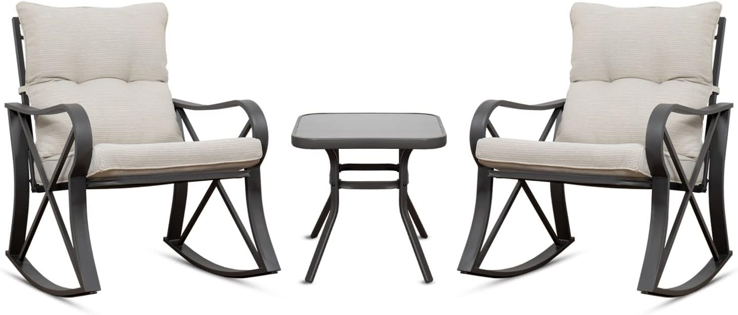 COSIEST 3 Piece Bistro Set Patio Rocking Chairs Outdoor Furniture w Beige Cushions, Glass-Top Table for Garden, Pool, Backyard