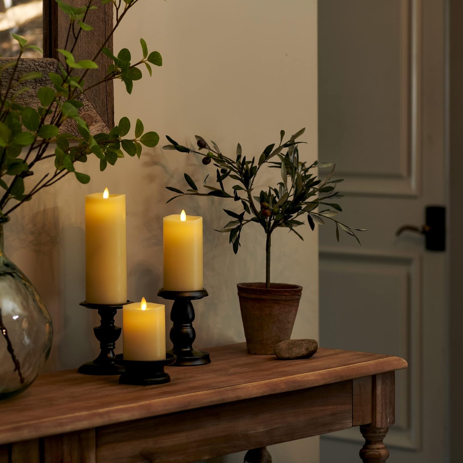 Luminara Realistic Flameless LED Set of 3 Ivory Pillar Candles, Home Safe Moving Flame Melted Top Illumination, Battery Operated Remote Control w/Timer