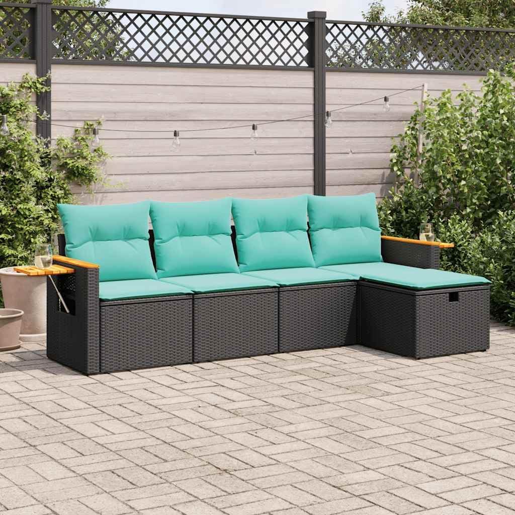 5 Piece Garden Sofa Set Black Blue PE Rattan Powder-Coated Steel Medium Outdoor Furniture with Modular Design and Plush Cushions for Patio Terrace Lounge