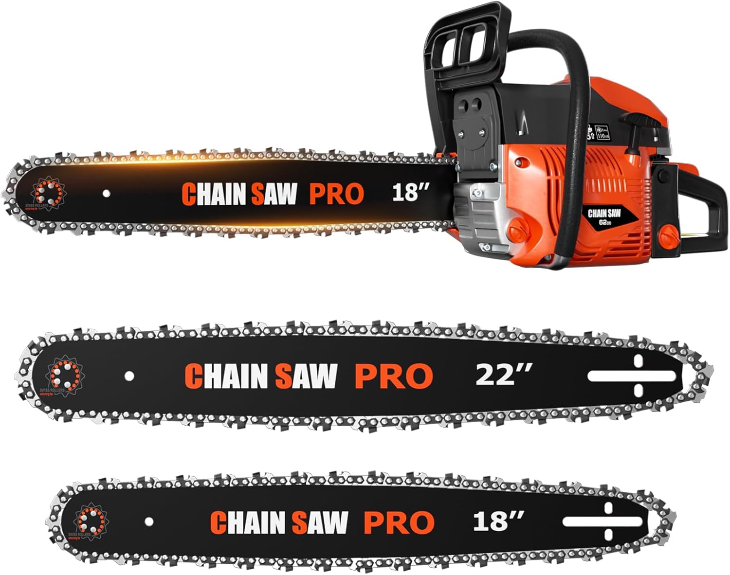62CC Gas Chainsaw, Professional Chainsaw with 2-Stroke Engine, 18inch & 22inch Chain Saw Bar, Ergonomic Non-Slip Handle & Dual Fuel Tanks for Tree Wood Cutting