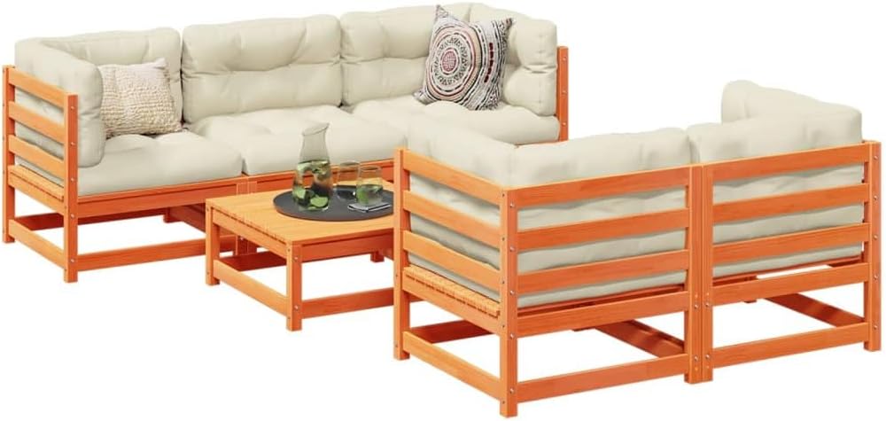 Garden Sofa Set, Wax Brown Solid Pine Wood, Oxford Fabric, PP Cotton, 6-Piece Modular Outdoor Patio Furniture Set for 6 People, Durable & Comfortable