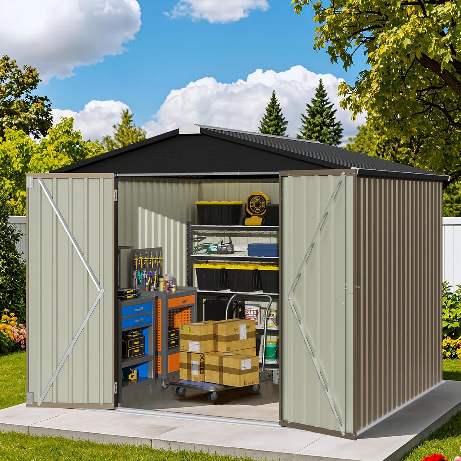 Patiowell 8x8 FT Outdoor Storage Shed, Heavy Duty Tool Metal Sheds with Lockable Doors and Updated Frame Structure for Backyard Patio Lawn, Brown