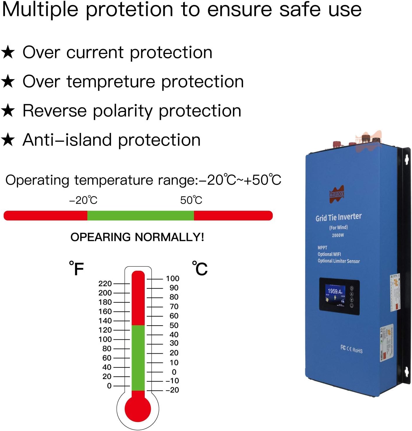 Mars Rock 2000W Wind Grid Tie Inverter with Limiter, Pure Sine Wave Inverter,Converts 45-90V DC Input to 240V AC Output,Perfectly Compatible with Home Wind Power Systems