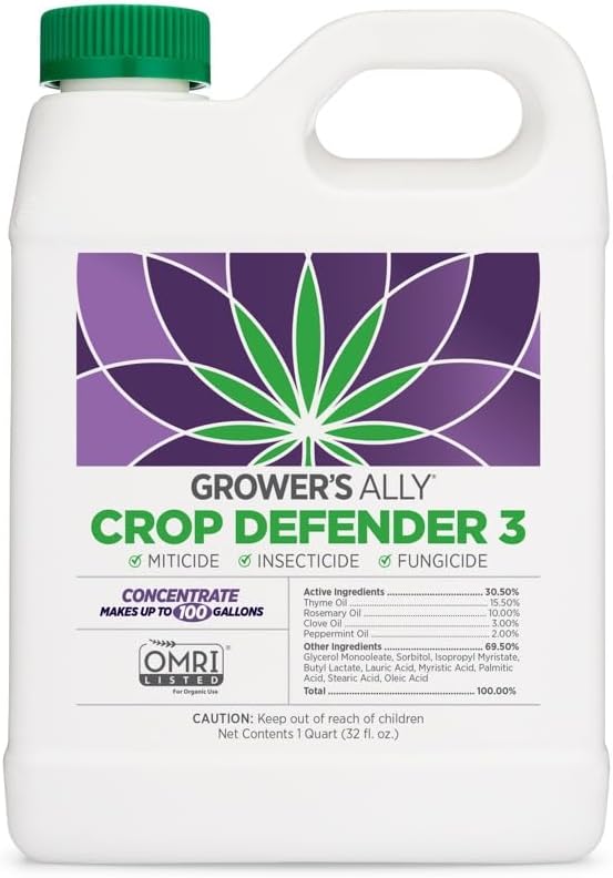 Grower's Ally Crop Defender 3 Concentrate - Natural Miticide, Insecticide, Fungicide Control for Plants - OMRI Listed Garden Safe Spray Killer for Powdery Mildew & Mites - 1 Quart, Makes 100 Gallons