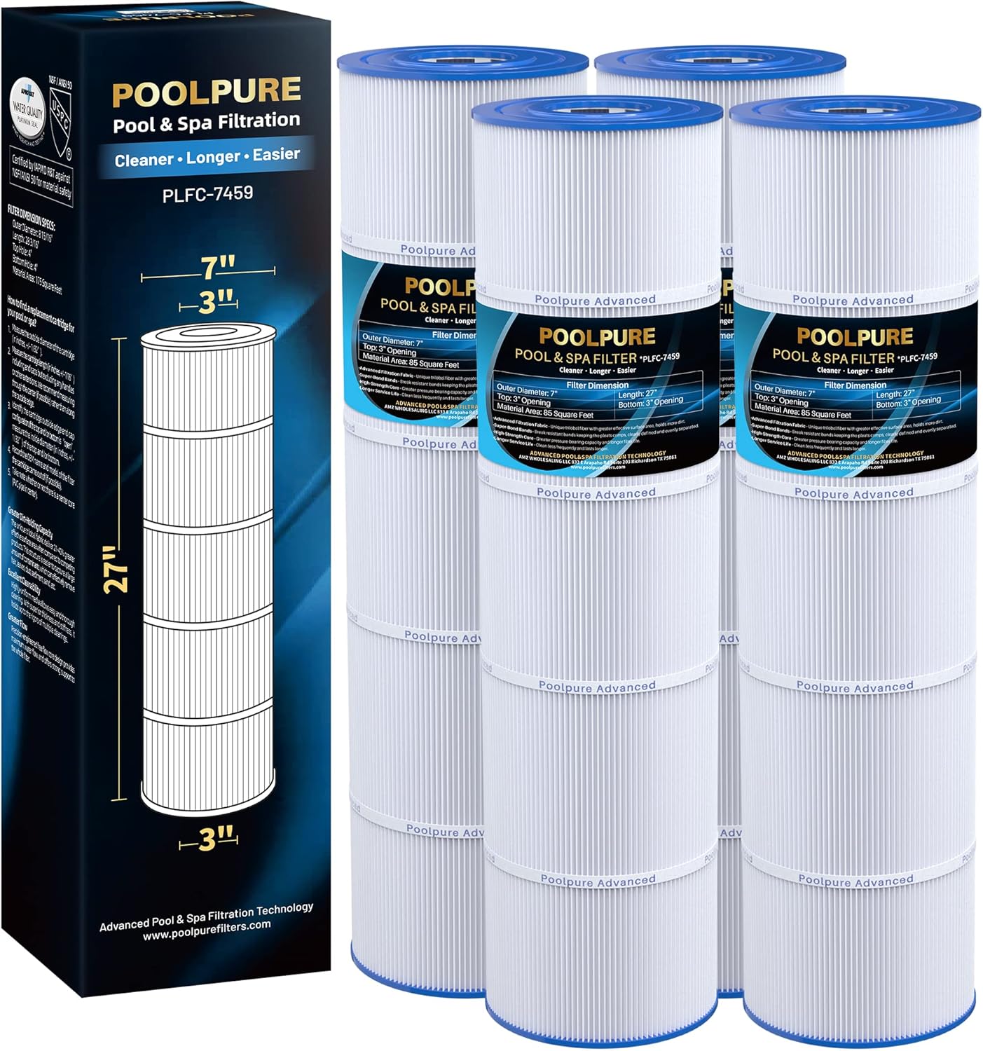 POOLPURE C-7459 Filter Replaces Jandy CL 340, PJAN85, Ultral-A8, Unicel C-7459, Filbur FC-6405, Filbur FC-0800, A0557900, R0554500, Aladdin 18504, APCC7352, 4X85 sq.ft Filter Cartridge 4 Pack