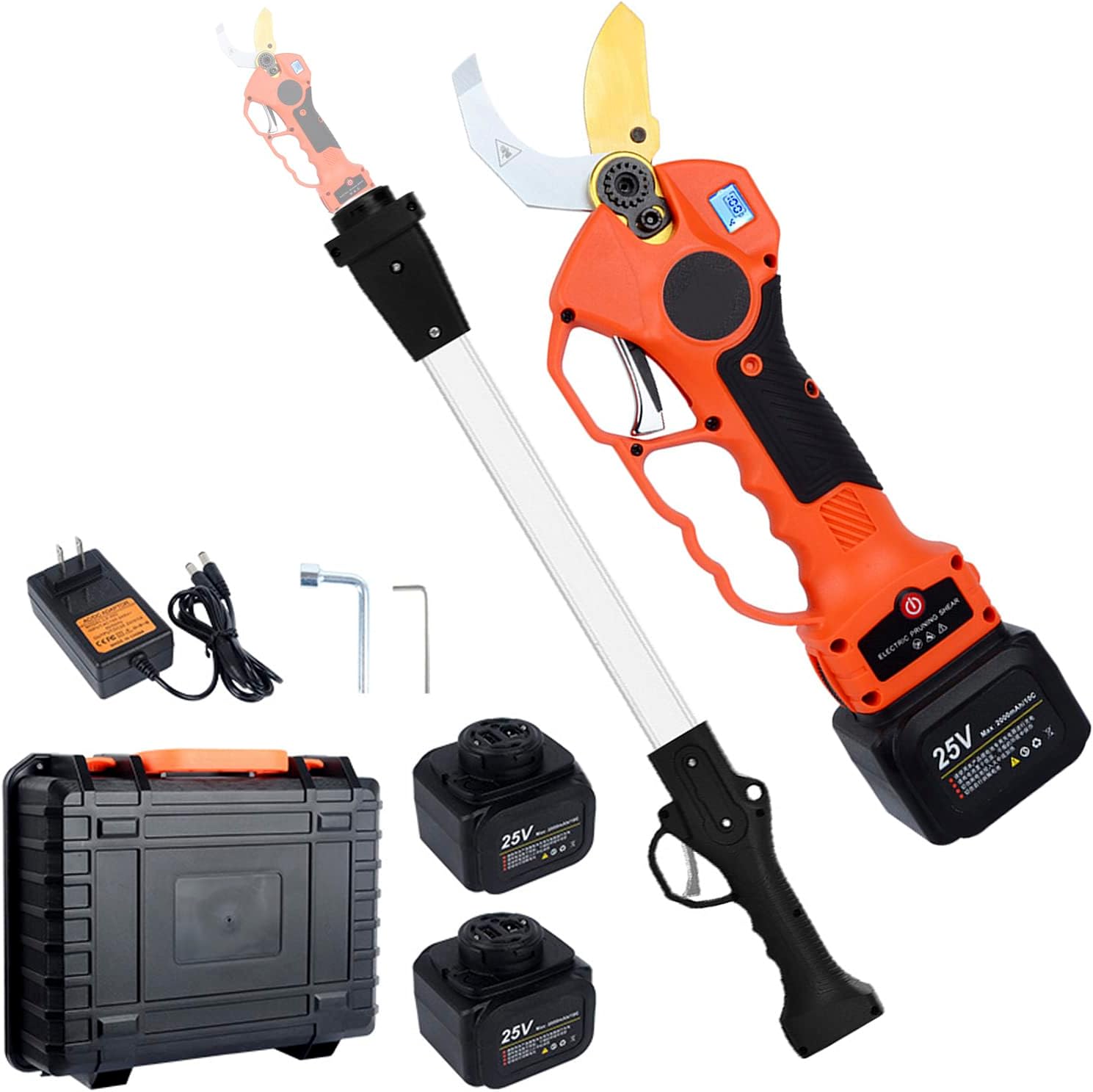 Electric Pruning Shears with 81cm/32in Extension Pole, Professional Cordless Electric Pruner for Gardening, Tree Branch Pruner Battery Powered with LCD Screen, 40mm/1.6in Cutting Diameter