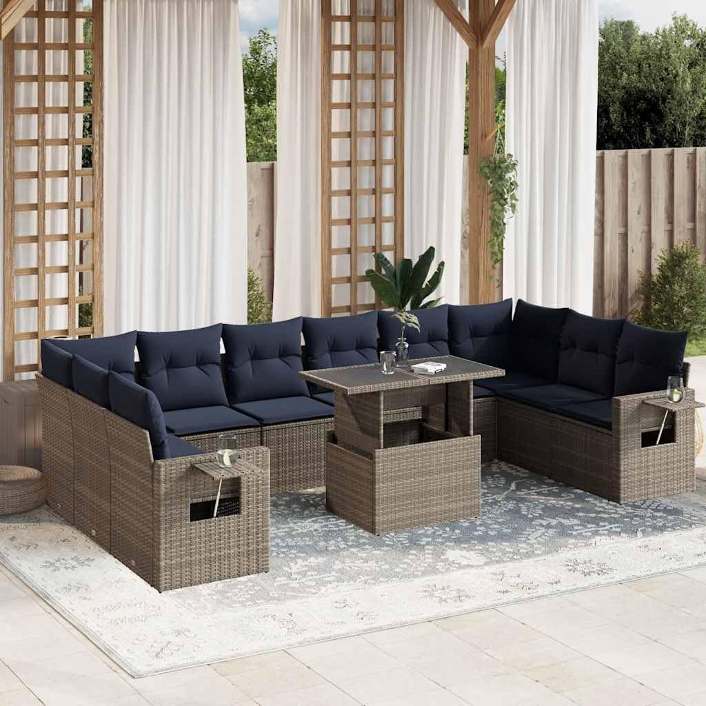 11 Piece Garden Sofa Set with Cushions, Grey PE Rattan Outdoor Patio Furniture, Adjustable Dining Table & Armrests