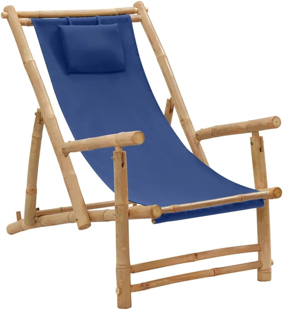 Deck Chair Bamboo and Canvas Navy Blue,Adjustable Bamboo Deck Chair with Comfortable Backrest for Garden, Patio and Terrace Outdoor Seating Furniture
