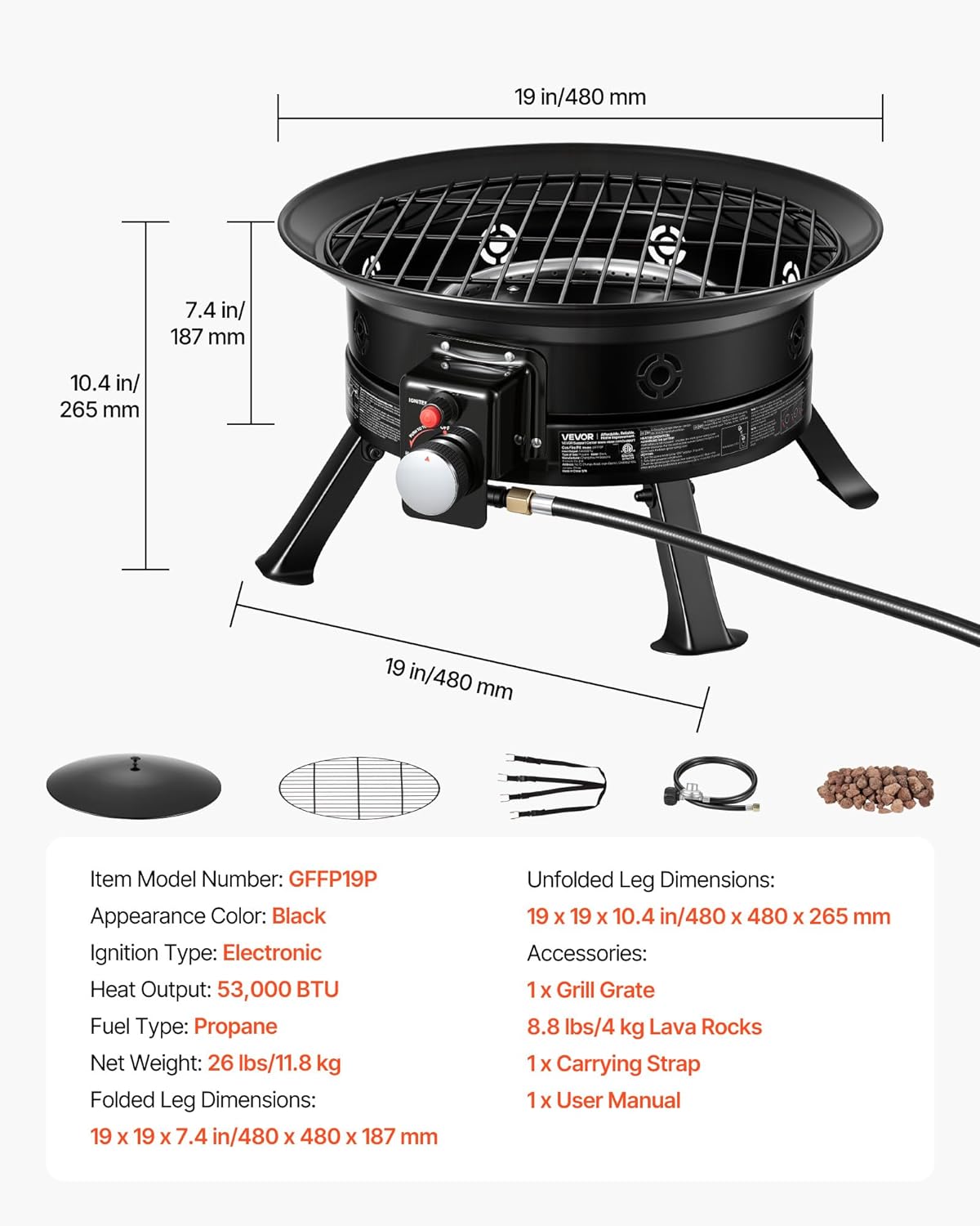 VEVOR Propane Fire Pit 19-Inch, 53,000 BTU Portable Gas Fire Pit, with Grill Grate & Lava Rocks, Adjustable Flame, Folding Legs,Smokeless Outdoor Firebowl for Camping, Patio, Backyard, Deck, RV, Black