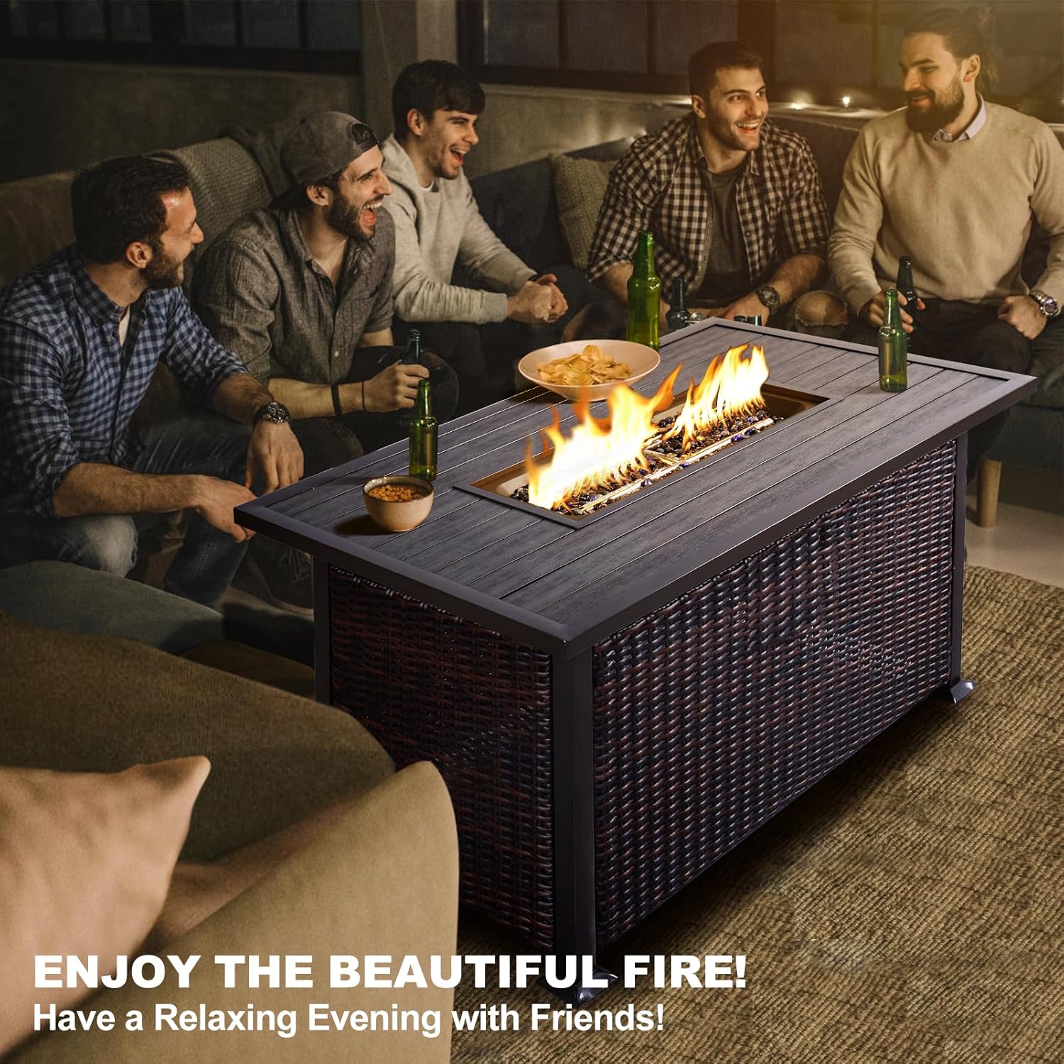 NOBLEMOOD 48 INCH Propane Fire Pit Outdoor Fire Table with Glass Beads, 50,000 BTU Gas Fire Pit Table w/Aluminum Table Top, Waterproof Cover for Outdoor, Patio, Garden, CSA Certification