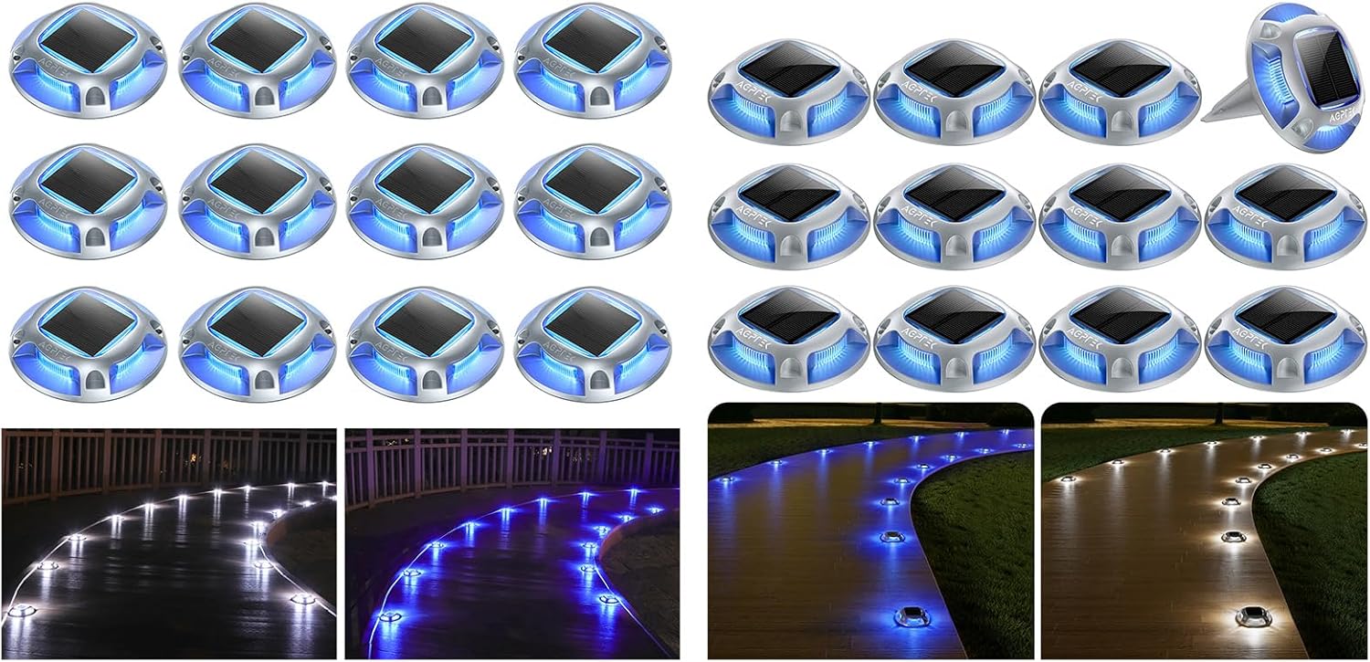 AGPTEK Solar Driveway Lights 24 Pack, 2 Color Modes Blue Light & Cool White