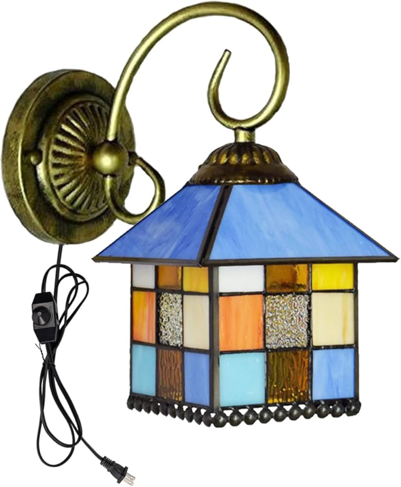 Kiven Plug in Wall Lamp, Style Wall Sconce with 5.9ft Plug-in Cord, On/Off Dimmer Switch, 1-Light Dimmable Glass Wall Lighting Fixtures for Bedside Kitchen Reading E26 Base